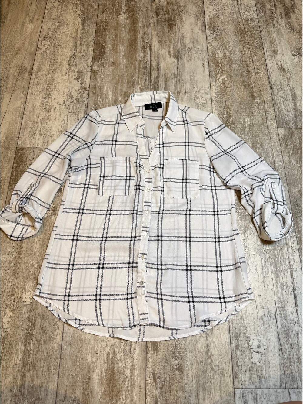 BCX Womens M White Black Plaid Button Up Shirt Roll Tab Sleeves